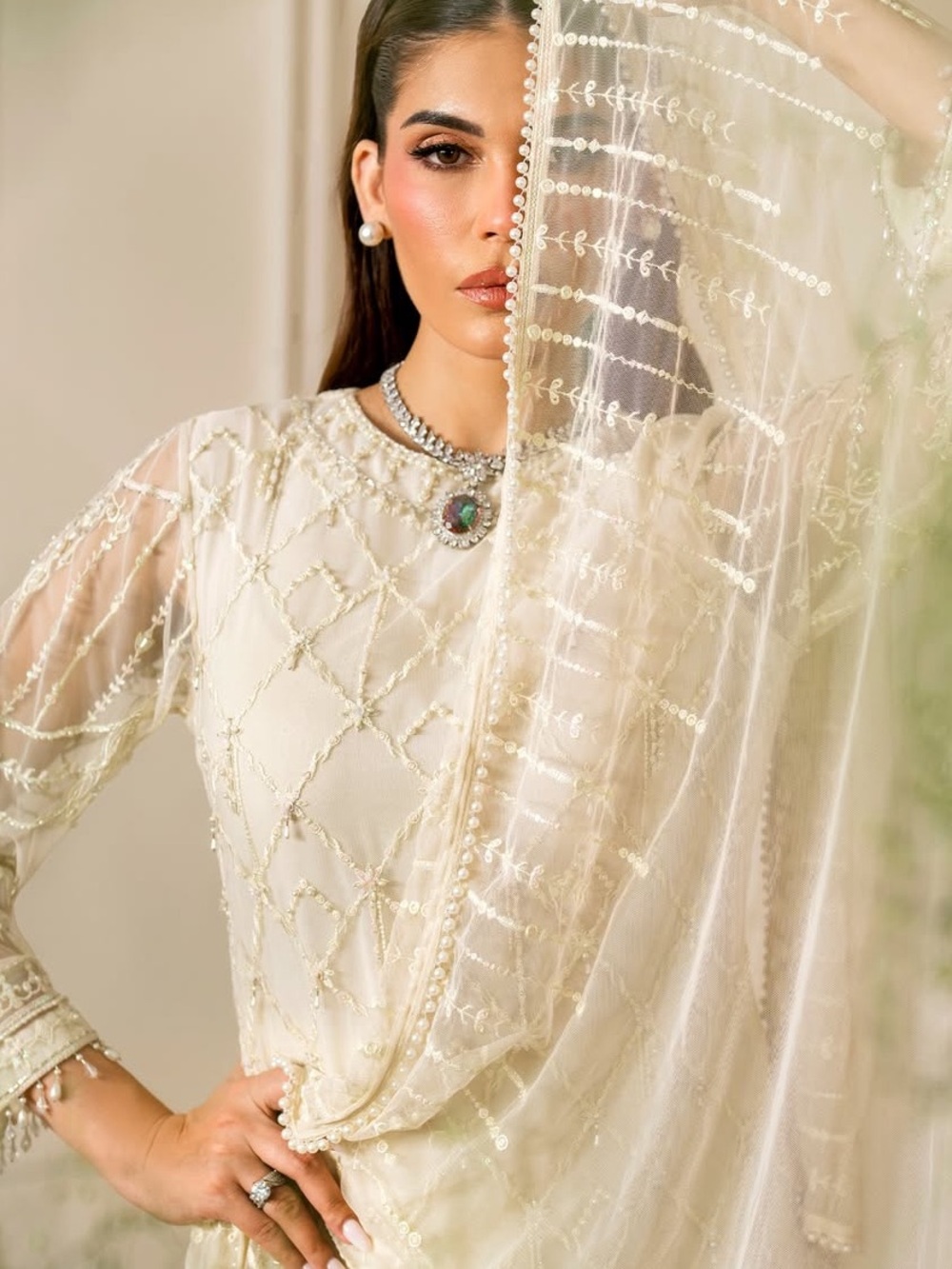 Elegant Long Sleeve Beaded Maxi Dress - Cream - Picture 6 of 7
